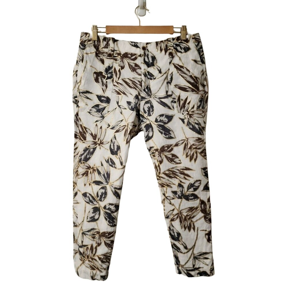 J Crew Garden Linen Crop Pants Gold Foil Leaf White Black Brown Cotton Lined 12